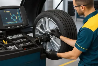 Equipamento de balanceamento de rodas em uso em borracharia.