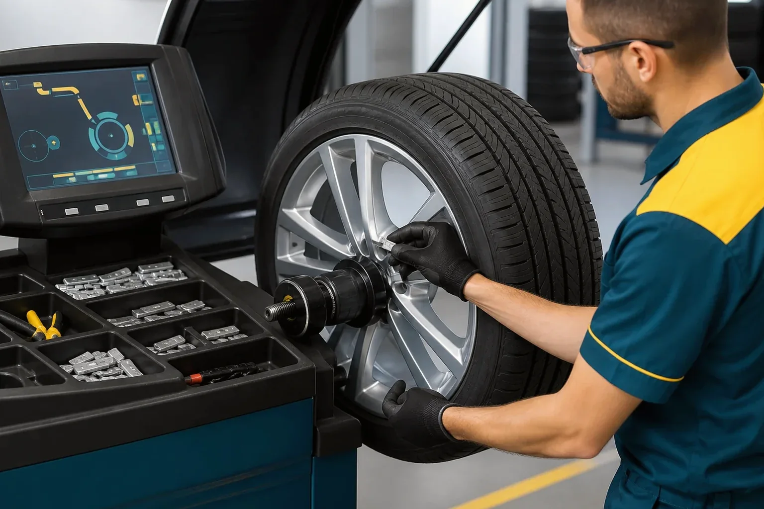 Equipamento de balanceamento de rodas em uso em borracharia.