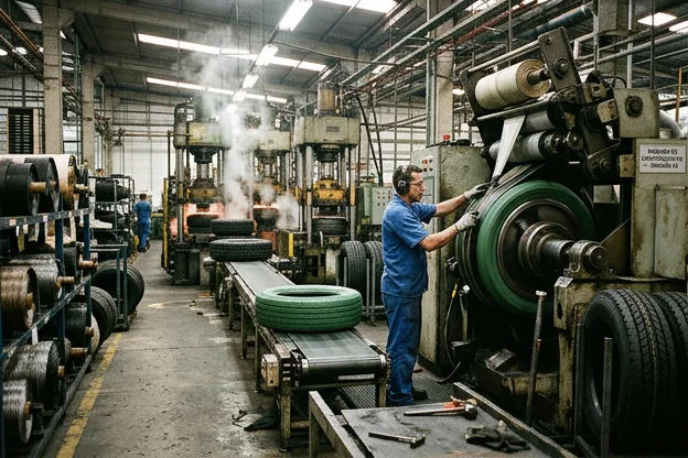 Equipamentos e materiais na fabricação de pneus.
