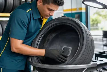 Profissional consertando um pneu em ambiente de borracharia.
