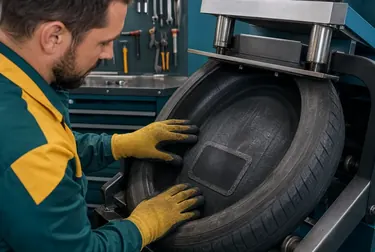 Técnico vulcanizando um pneu em borracharia.