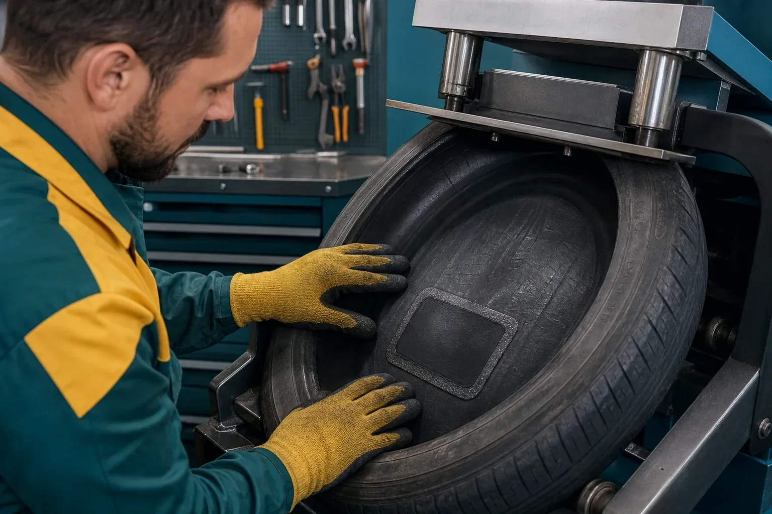 Técnico vulcanizando um pneu em borracharia.